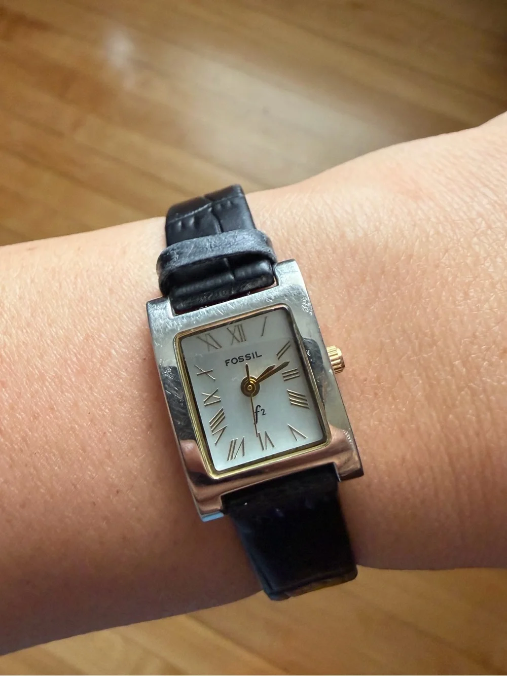Fossil Silver-Tone Rectangular Watch with Black Strap